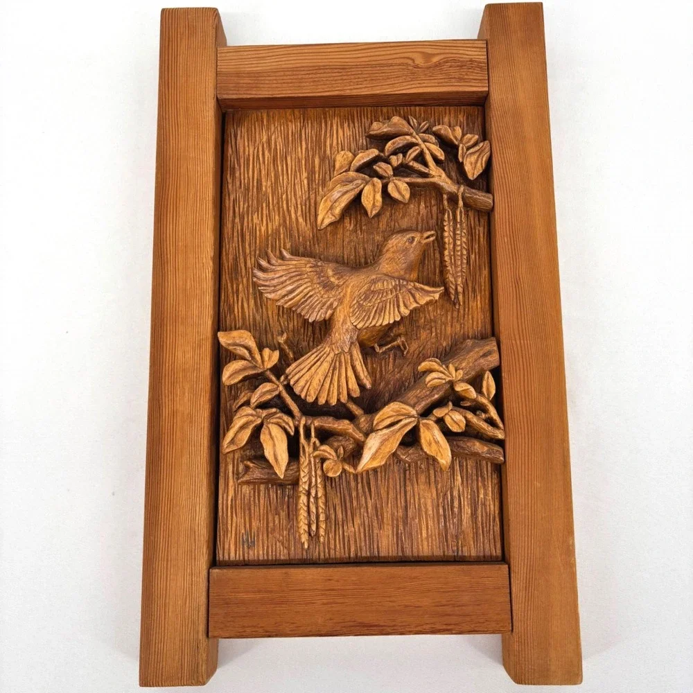 Vintage 1975 Hand Carved Wood Bird Relief Wall Plaque Art Signed